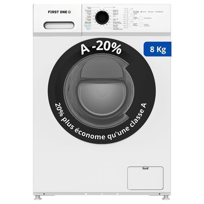 Lave-linge frontal FIRST ONE FLL81400WH - 8 Kg - 1400 tr/mn - 16 programmes - Eco - Intensif - Rapide – Très Faible conso - A-20%