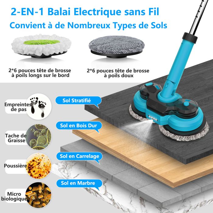 Balai Électrique 2 en 1 - TANBABY - Réservoir 300ML - LED - 2 Vitesses - 4 Têtes de Brosse – Image 2
