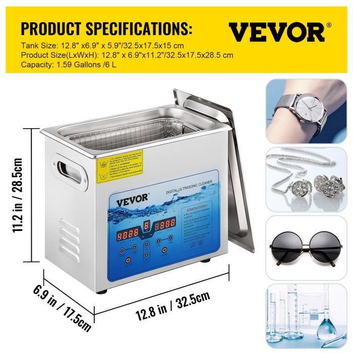 6L Nettoyeur À Ultrason Professionnel - VEVOR - Nettoyeur Ultrasons avec Minuterie Numérique – Image 2