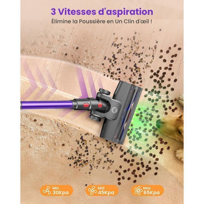 Aspirateur Balai sans Fil - MAUOKE - V15S - 650W/70Min/65000pa Puissant, OLED Écran, Brosse Anti-emmêlement, 1.8L/Filtration HEPA – Image 2