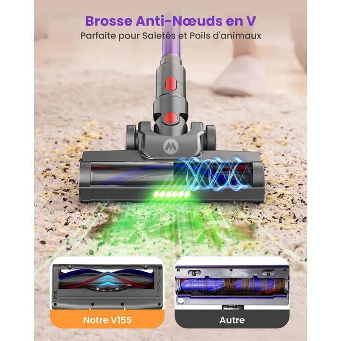 Aspirateur Balai sans Fil - MAUOKE - V15S - 650W/70Min/65000pa Puissant, OLED Écran, Brosse Anti-emmêlement, 1.8L/Filtration HEPA – Image 4