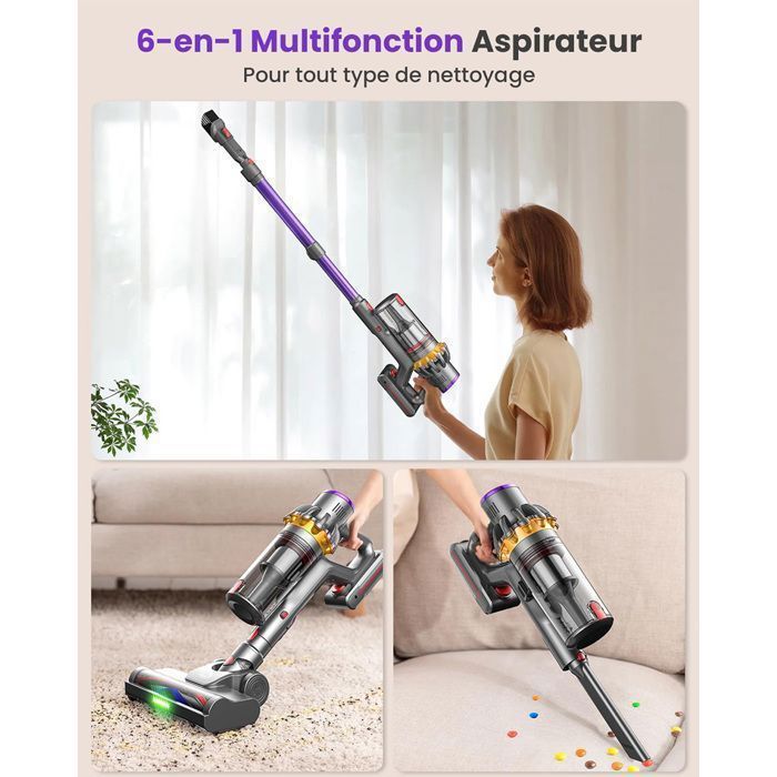 Aspirateur Balai sans Fil - MAUOKE - V15S - 650W/70Min/65000pa Puissant, OLED Écran, Brosse Anti-emmêlement, 1.8L/Filtration HEPA – Image 5