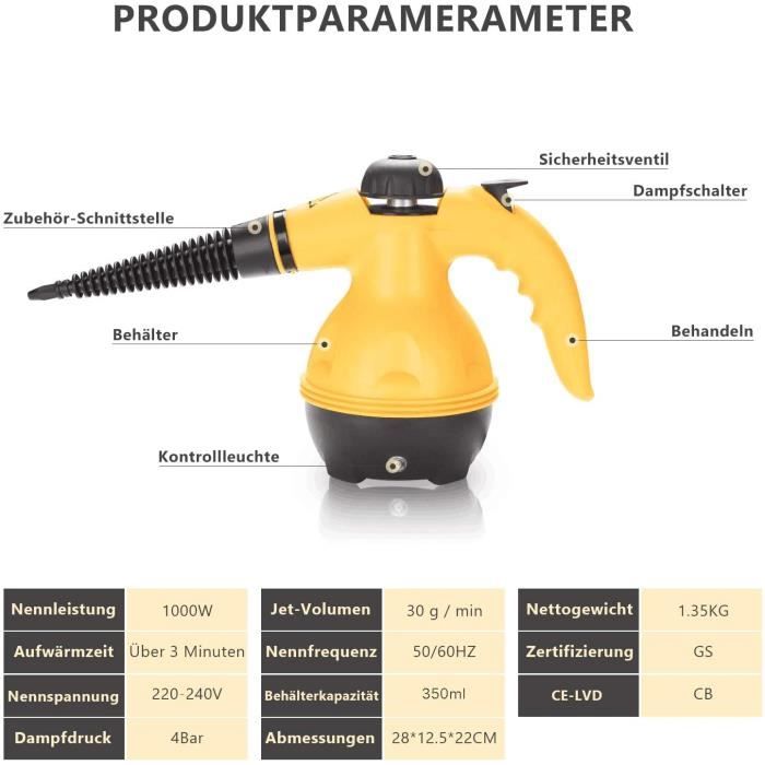 Nettoyeur vapeur portable - Appareils ménagers - 1000 W - 4 bars - 350 ml - Jaune – Image 2