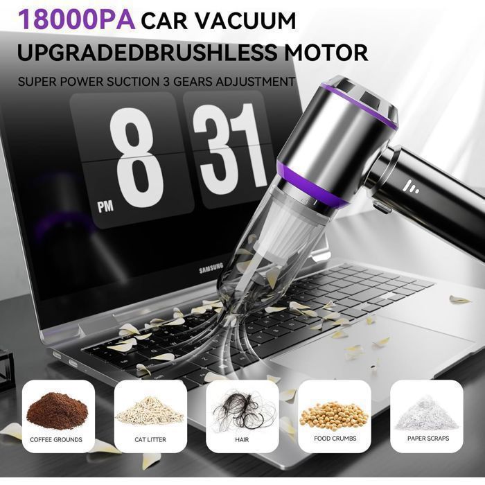 Aspirateur à Main ACELIFE 18000Pa Aspirateur Voiture Puissant sans Fil 3 Vitesses 80,000U/min pour PC Maison Voiture Bureau Canapé – Image 2