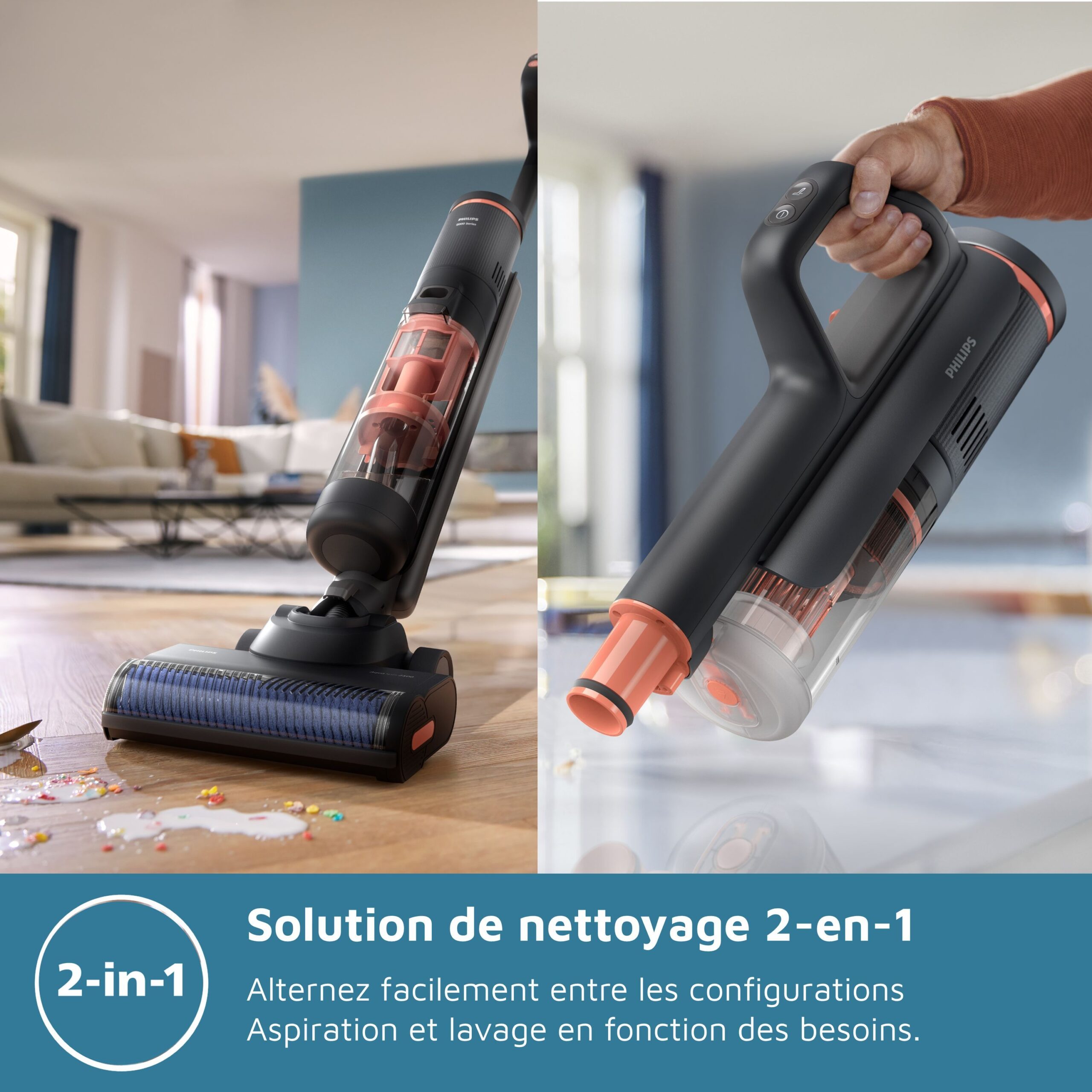 Aspirateur balai laveur 2-en-1 - PHILIPS - XW6264/11 - Série 6000 PowerCyclone Aqua - Noir/Corail – Image 9