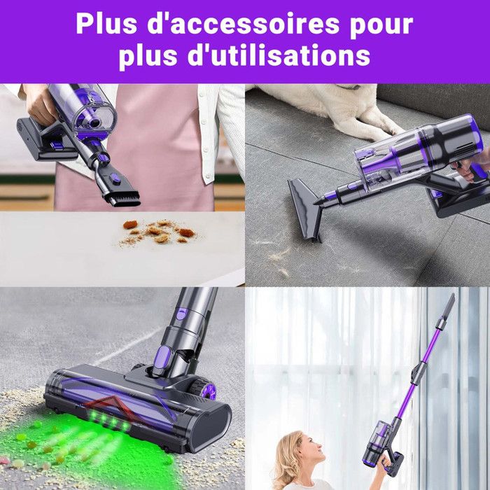 Aspirateur Balai Sans Fil 55000Pa - Écran Tactile - 300W - Violet/Noir - Chambre à Coucher et Salon – Image 3