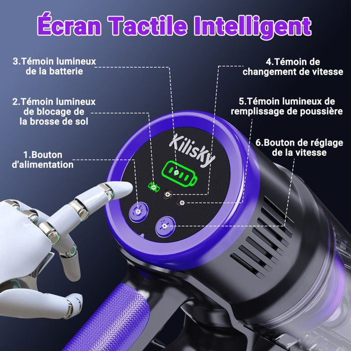 Aspirateur Balai Sans Fil 55000Pa - Écran Tactile - 300W - Violet/Noir - Chambre à Coucher et Salon – Image 4