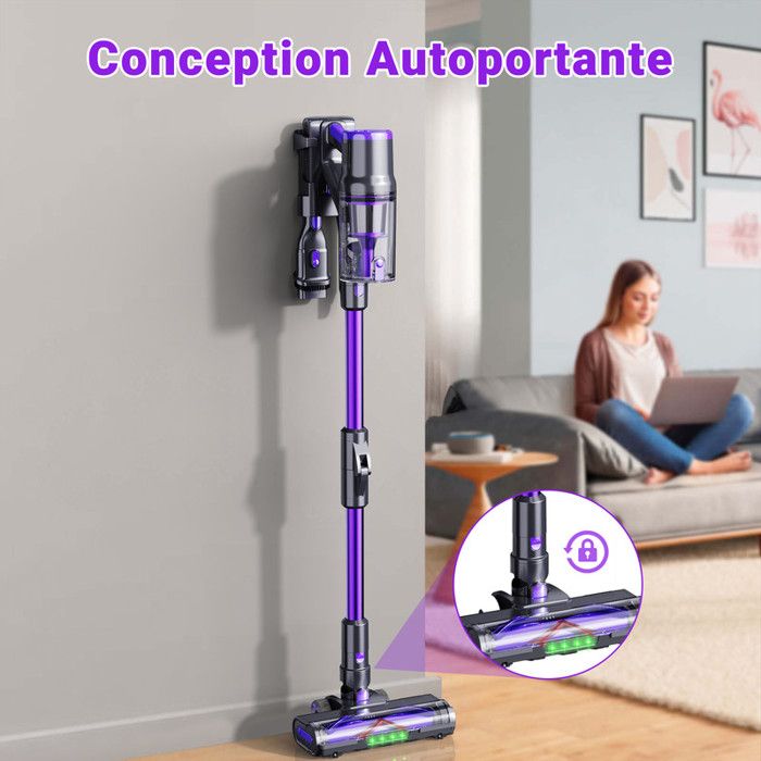 Aspirateur Balai Sans Fil 55000Pa - Écran Tactile - 300W - Violet/Noir - Chambre à Coucher et Salon – Image 6