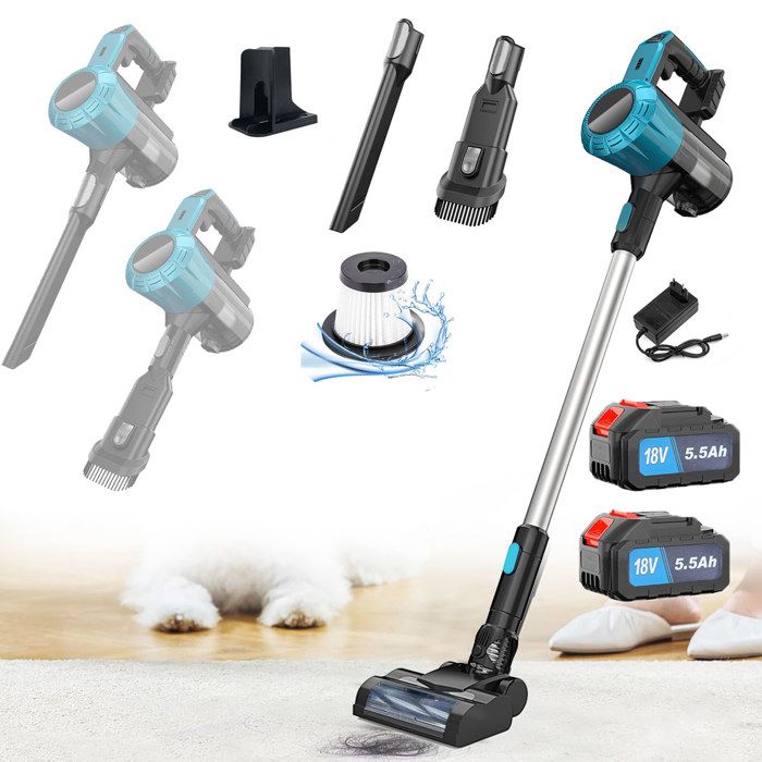 Aspirateur balai sans fil, aspirateur à main vertical sans fil 3 en 1 léger 2 batteries 5,5 A , compatible avec la batterie Makita
