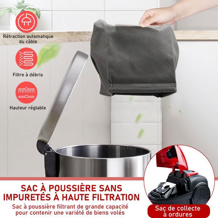 1200W Aspirateur Traineau Sac, 17kPa Souffleur Feuilles, 4 en 1 Aspirateur Puissant avec Capacité 1.5 L, pour Tapis et Pelouse – Image 3