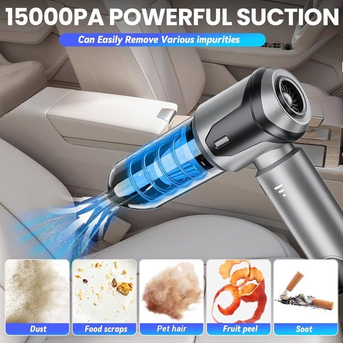 Aspirateur À Main, 15000Pa Aspirateur À Main Sans Fil, 3 En 1 Rechargeable Portable Léger, Mini Aspirateur 3 Vitesses, Pour – Image 2