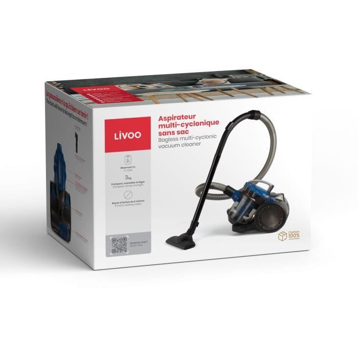 Aspirateur Multi-cyclonique sans sac - LIVOO DOH105B - 700 W - 2 L - 78 dB - Filtre lavable - Embout 2 en 1 - Bleu / Gris – Image 5