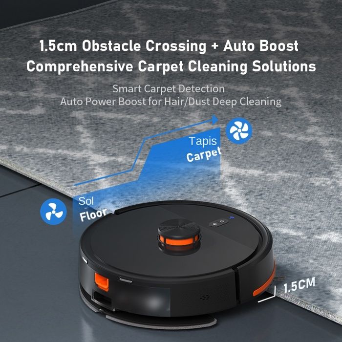 Aspirateur robot 3 en 1 avec base: dpoussirage laser, nettoyage intelligent, navigation LiDAR, autonomie de 120minutes, noir – Image 5
