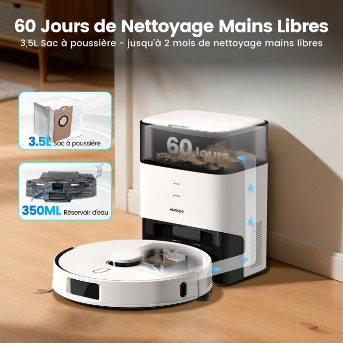 Aspirateur Robot Laveur AIRROBO L60+ , 6000Pa, 240min Automine, Auto-Boost Intelligente, Cartographie Multi-niveaux, – Image 2