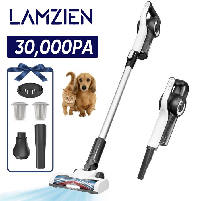 Aspirateur Sans Fil, 30000PA/5*2200mAh/40min Fonctionnement, Filtration Efficace, Balai Motorisé avec Phares LED pour Tous Sols