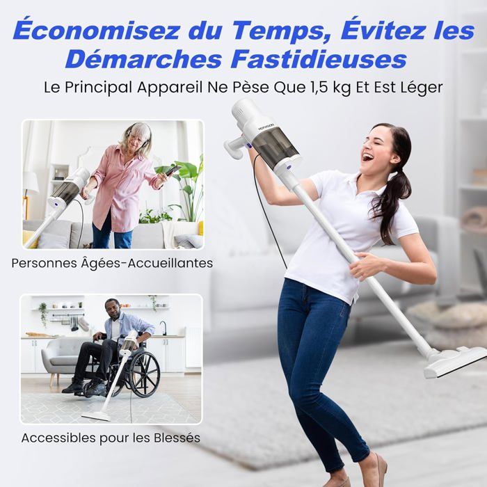 Aspirateur,Aspirateur Balai Avec Fil Puissant 20Kpa 600W,Aspirateur Sans Sac 3 En 1 Avec Double Réservoir À Poussière De 800 Ml – Image 2