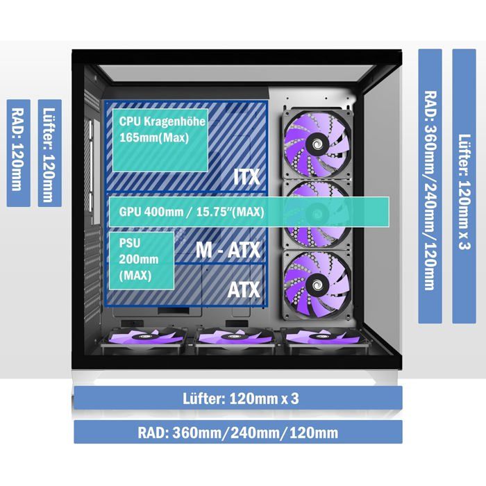 Boîtier Pc Atx 6 Ventilateurs Pwm Argb Pré-Installés,Boîtier Pc Gaming Mid-Tower,Boîtier Informatique Panoramique En Verre Trempé – Image 3