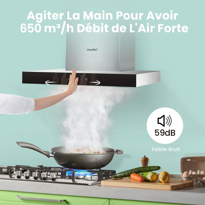 Hotte Aspirante Tactile 60cm Comfee - 650 m³/h - Classe A+++ - 4 Vitesse - Filtre à Charbon - Lampes LED Affichage- En Inox Noir – Image 2