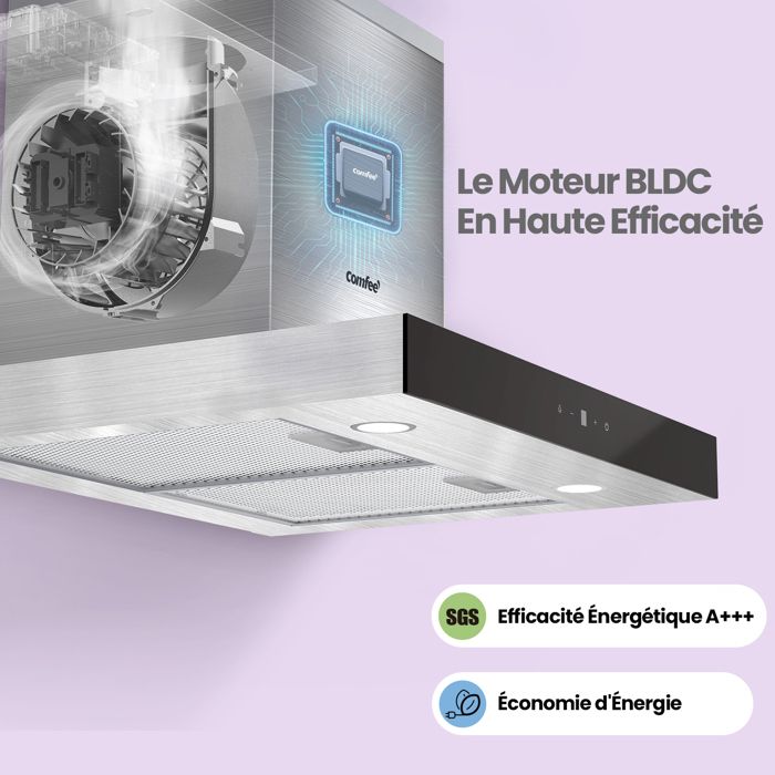 Hotte Aspirante Tactile 60cm Comfee - 650 m³/h - Classe A+++ - 4 Vitesse - Filtre à Charbon - Lampes LED Affichage- En Inox Noir – Image 3