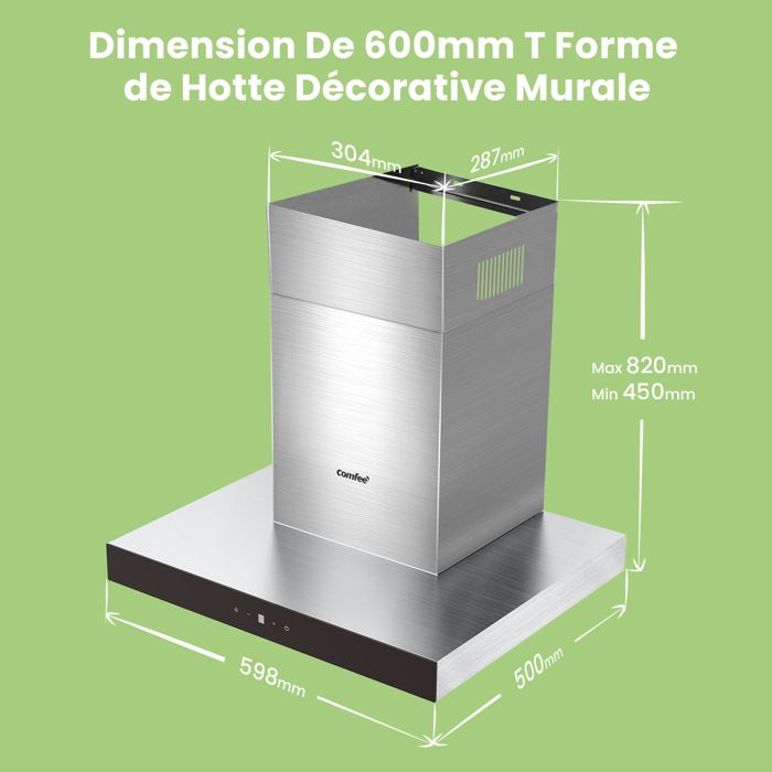 Hotte Aspirante Tactile 60cm Comfee - 650 m³/h - Classe A+++ - 4 Vitesse - Filtre à Charbon - Lampes LED Affichage- En Inox Noir – Image 6