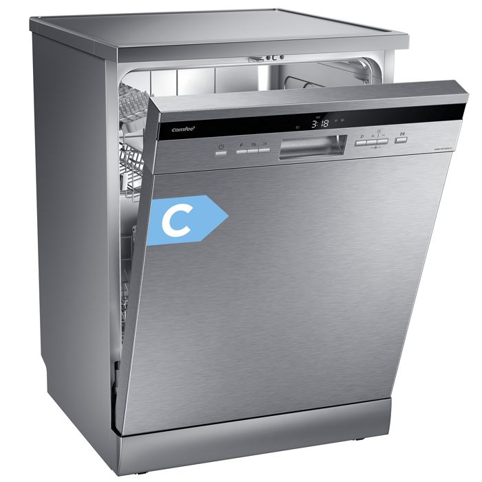 COMFEE Lave-Vaisselle Pose Libre 14 couverts, 8 Programmes de Lavage, 44 dB(A) Dpart Diffr, Demi-Charge, Inox Energy Class C