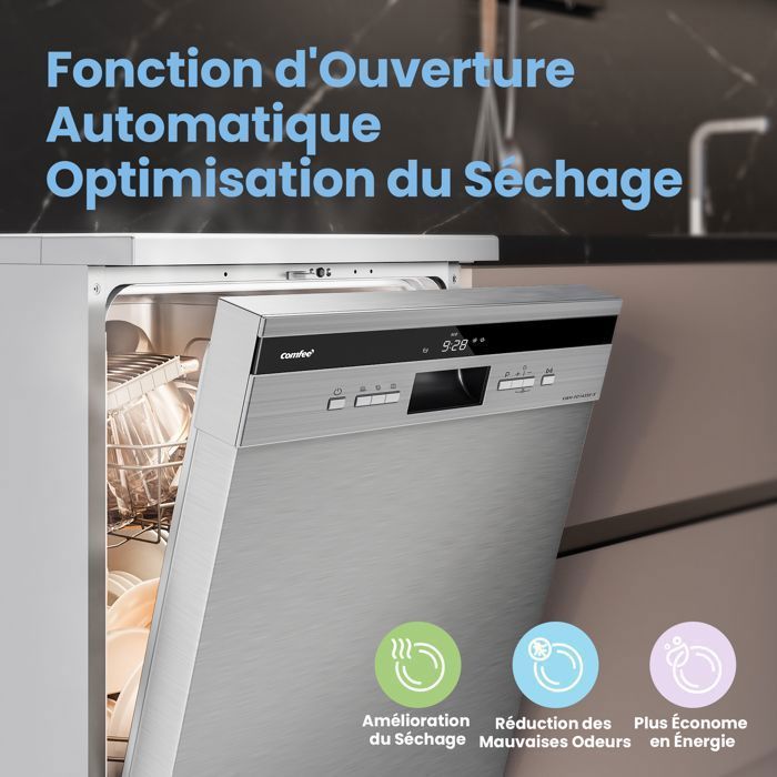 COMFEE Lave-Vaisselle Pose Libre 14 couverts, 8 Programmes de Lavage, 44 dB(A) Dpart Diffr, Demi-Charge, Inox Energy Class C – Image 2