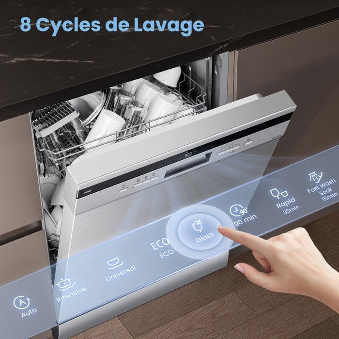 COMFEE Lave-Vaisselle Pose Libre 14 couverts, 8 Programmes de Lavage, 44 dB(A) Dpart Diffr, Demi-Charge, Inox Energy Class C – Image 3