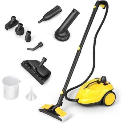 Nettoyeur Vapeur Polyvalent 2000W COSTWAY pour Punaises de Lit-5 BAR-15 Accessoires et Manomètres-Réservoir 1,8L-160°C-4 Roue-Jaune