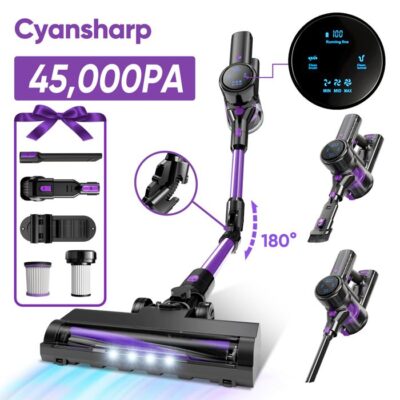 CYANSHARP V8 Aspirateur Balai Sans Fil, Aspirateur Sans Sac 130AW, 3 Vitesses, écran, 100kRPM BLDC Moteur EU, 7*Batterie , CE Rohs