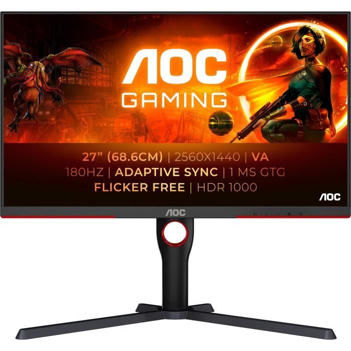 Ecran PC Gamer - AOC - 27" - QHD Mini-LED - 180Hz - Dalle Fast VA - 1ms - Ajustable en hauteur - Q27G3XMN/BK