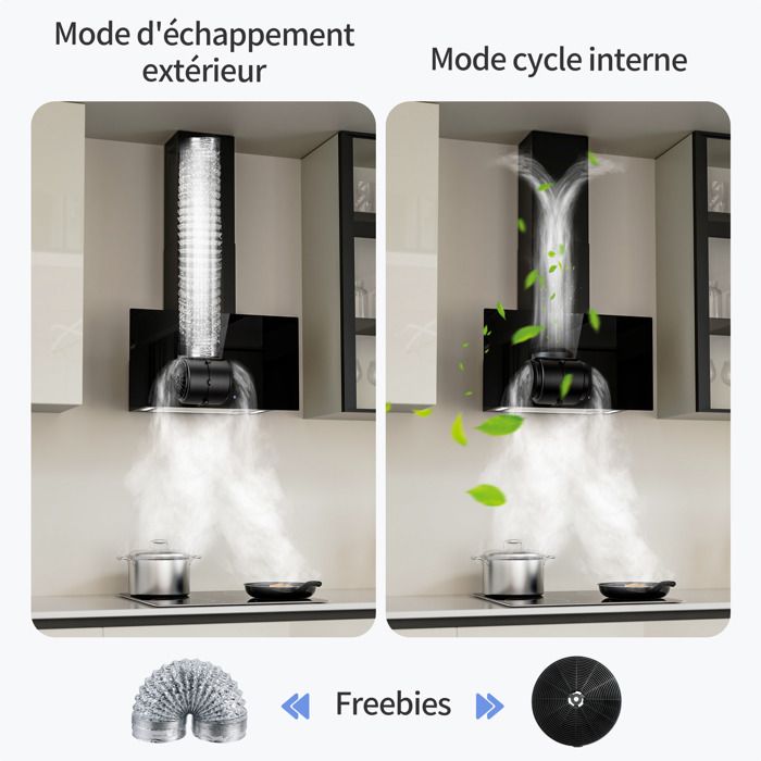 FIREGAS Hotte aspirante 60cm - 350m³/h - Classe A+++ - Recyclage & Evacuation - 3 vitesses - 2 Filtres à Charbon - Noir – Image 3