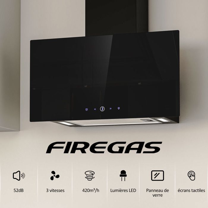 FIREGAS Hotte aspirante 60cm - 350m³/h - Classe A+++ - Recyclage & Evacuation - 3 vitesses - 2 Filtres à Charbon - Noir – Image 4