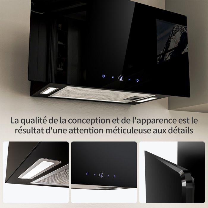 FIREGAS Hotte aspirante 60cm - 350m³/h - Classe A+++ - Recyclage & Evacuation - 3 vitesses - 2 Filtres à Charbon - Noir – Image 6