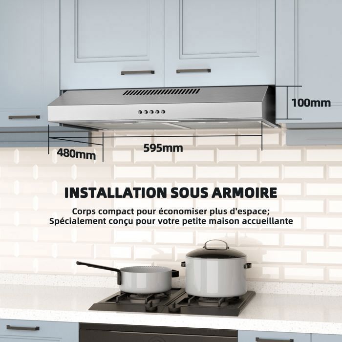 FIREGAS Hotte Aspirante 60cm, Extracteur de Cuisine Sans Évacuation, 3 Vitesses, Avec Filtres à Charbon, Argent – Image 2