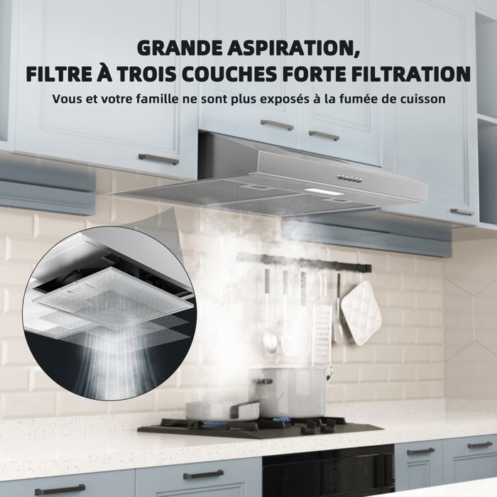 FIREGAS Hotte Aspirante 60cm, Extracteur de Cuisine Sans Évacuation, 3 Vitesses, Avec Filtres à Charbon, Argent – Image 3