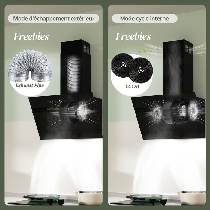 FIREGAS Hotte Aspirante inclinée 60cm, 700m³/h,Classe A+++, 9 Vitesses,BLDC Moteur,Evacuation &Recyclage, Geste + toucher,Noir – Image 5