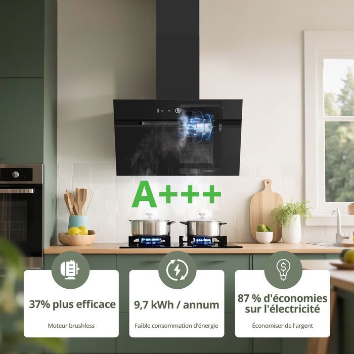 FIREGAS Hotte Aspirante inclinée 60cm, 700m³/h,Classe A+++, 9 Vitesses,BLDC Moteur,Evacuation &Recyclage, Geste + toucher,Noir – Image 6