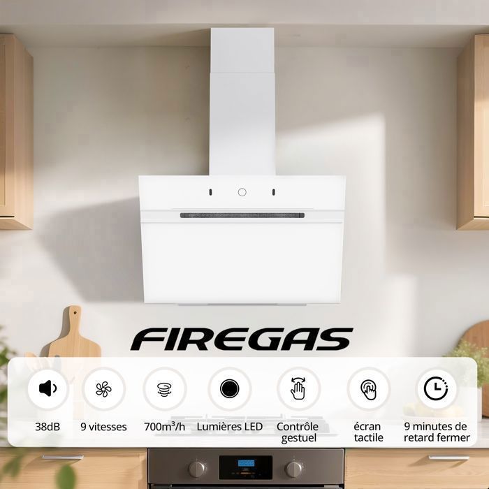 FIREGAS Hotte Aspirante inclinée 60cm, 700m³/h,Classe A+++, 9 Vitesses,BLDC Moteur,Evacuation &Recyclage, Geste + toucher,Blanc – Image 3