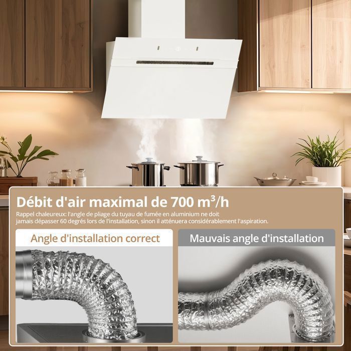 FIREGAS Hotte Aspirante inclinée 60cm, 700m³/h,Classe A+++, 9 Vitesses,BLDC Moteur,Evacuation &Recyclage, Geste + toucher,Blanc – Image 4
