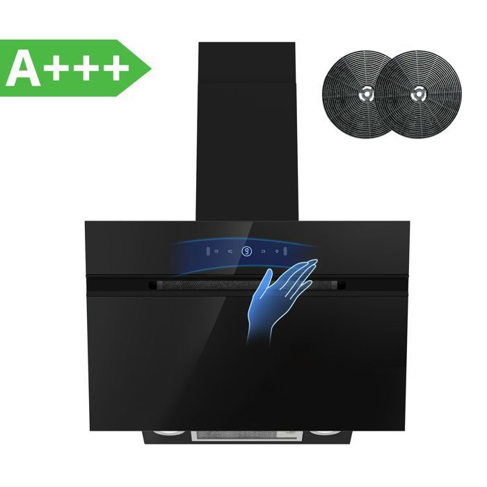 FIREGAS Hotte Aspirante inclinée 60cm, 700m³/h,Classe A+++, 9 Vitesses,BLDC Moteur,Evacuation &Recyclage, Geste + toucher,Noir