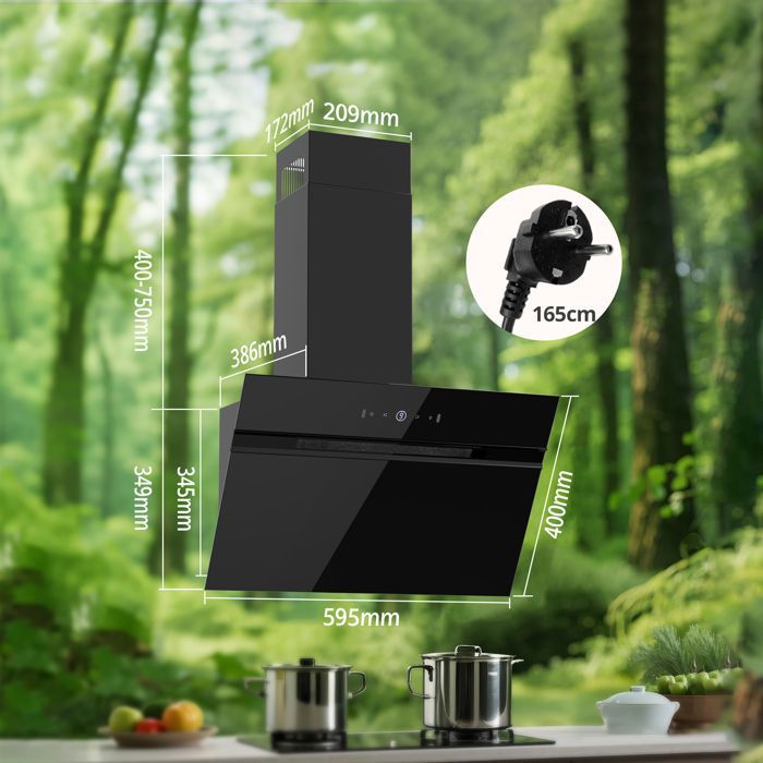 FIREGAS Hotte Aspirante inclinée 60cm, 700m³/h,Classe A+++, 9 Vitesses,BLDC Moteur,Evacuation &Recyclage, Geste + toucher,Noir – Image 2