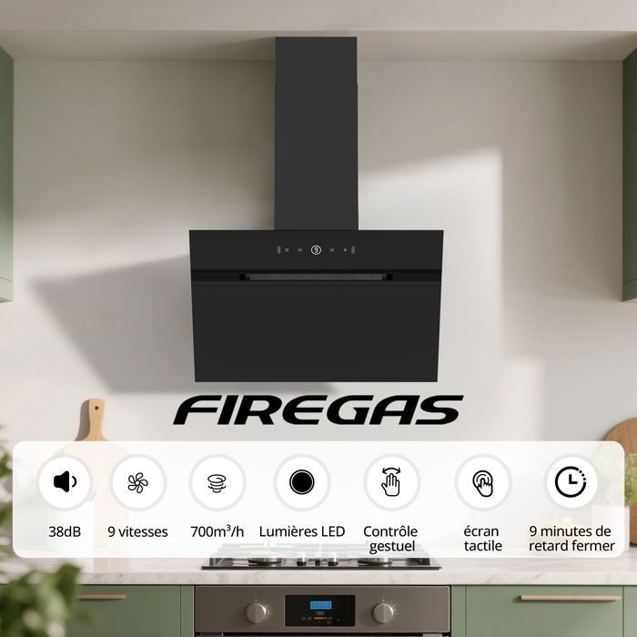 FIREGAS Hotte Aspirante inclinée 60cm, 700m³/h,Classe A+++, 9 Vitesses,BLDC Moteur,Evacuation &Recyclage, Geste + toucher,Noir – Image 3