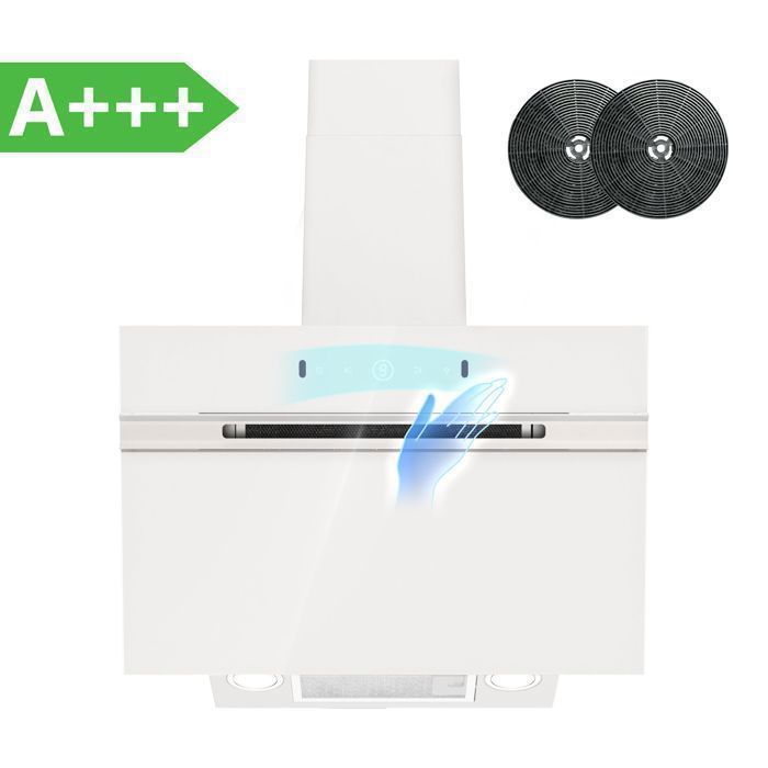 FIREGAS Hotte Aspirante inclinée 60cm, 700m³/h,Classe A+++, 9 Vitesses,BLDC Moteur,Evacuation &Recyclage, Geste + toucher,Blanc