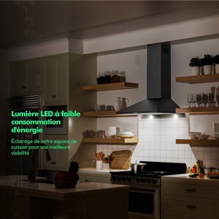 FIREGAS Hottes Aspirantes 60cm 368m³/h-Evacuation ou Recyclag-Hotte Murale-Noir-Classe énergétique A++ – Image 5