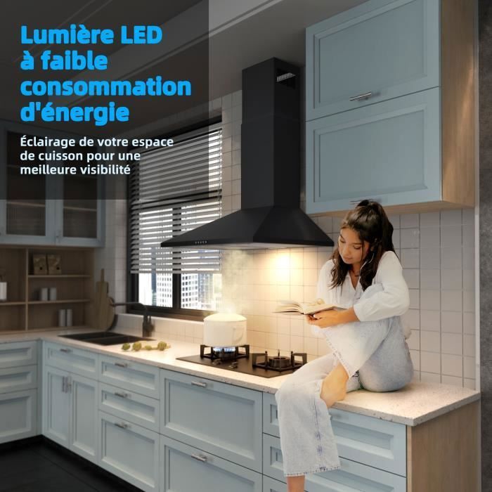 FIREGAS Hotte Aspirante Murale 60cm, 308 m³/h, Avec LED, 3 vitesses, Filtres à Charbon, Noir – Image 4