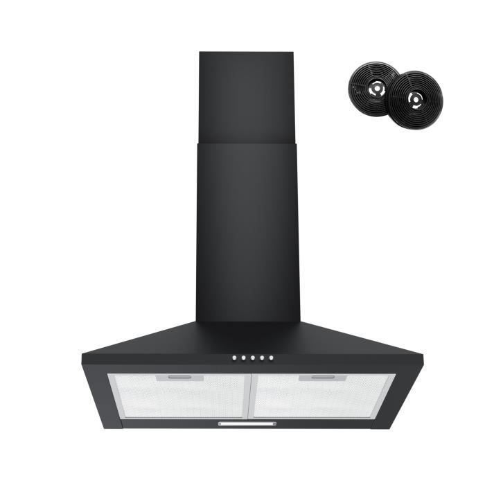 FIREGAS Hotte Aspirante Murale 60cm, 308 m³/h, Avec LED, 3 vitesses, Filtres à Charbon, Noir