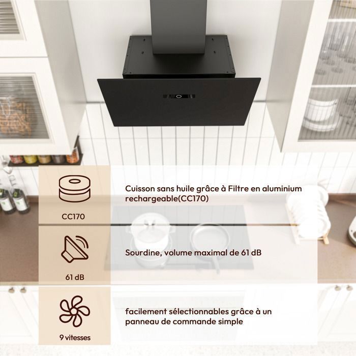 FIREGAS Hottes Aspirantes 60cm, Hotte de Cuisine Inclinée, 578m³/h Puissance d'aspiration élevée, Avec levier d'air, verre dépoli – Image 4