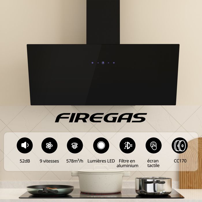 FIREGAS Hottes Aspirantes 90cm, Hotte de Cuisine Inclinée, 578m³/h Puissance d'aspiration élevée, Evacuation ou Recyclage,A++ – Image 3