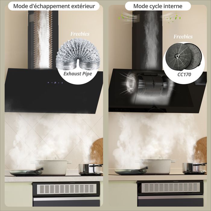 FIREGAS Hottes Aspirantes 90cm, Hotte de Cuisine Inclinée, 578m³/h Puissance d'aspiration élevée, Evacuation ou Recyclage,A++ – Image 5