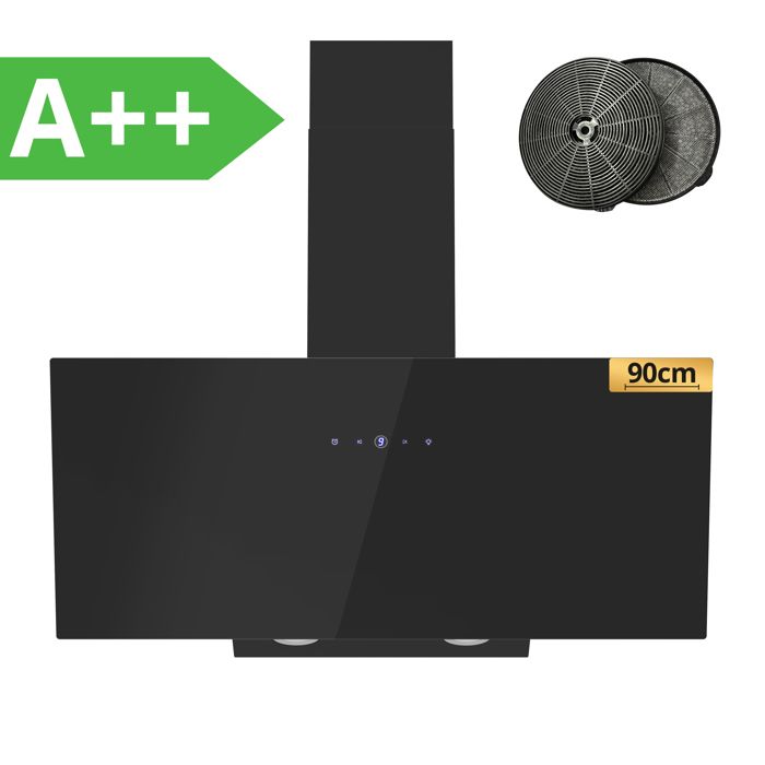 FIREGAS Hottes Aspirantes 90cm, Hotte de Cuisine Inclinée, 578m³/h Puissance d'aspiration élevée, Evacuation ou Recyclage,A++